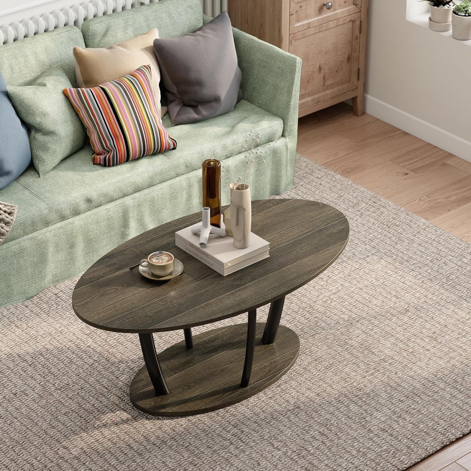 Oval 2-Tier Coffee Table with Storage Shelf, Modern Small Table 100x55cm
