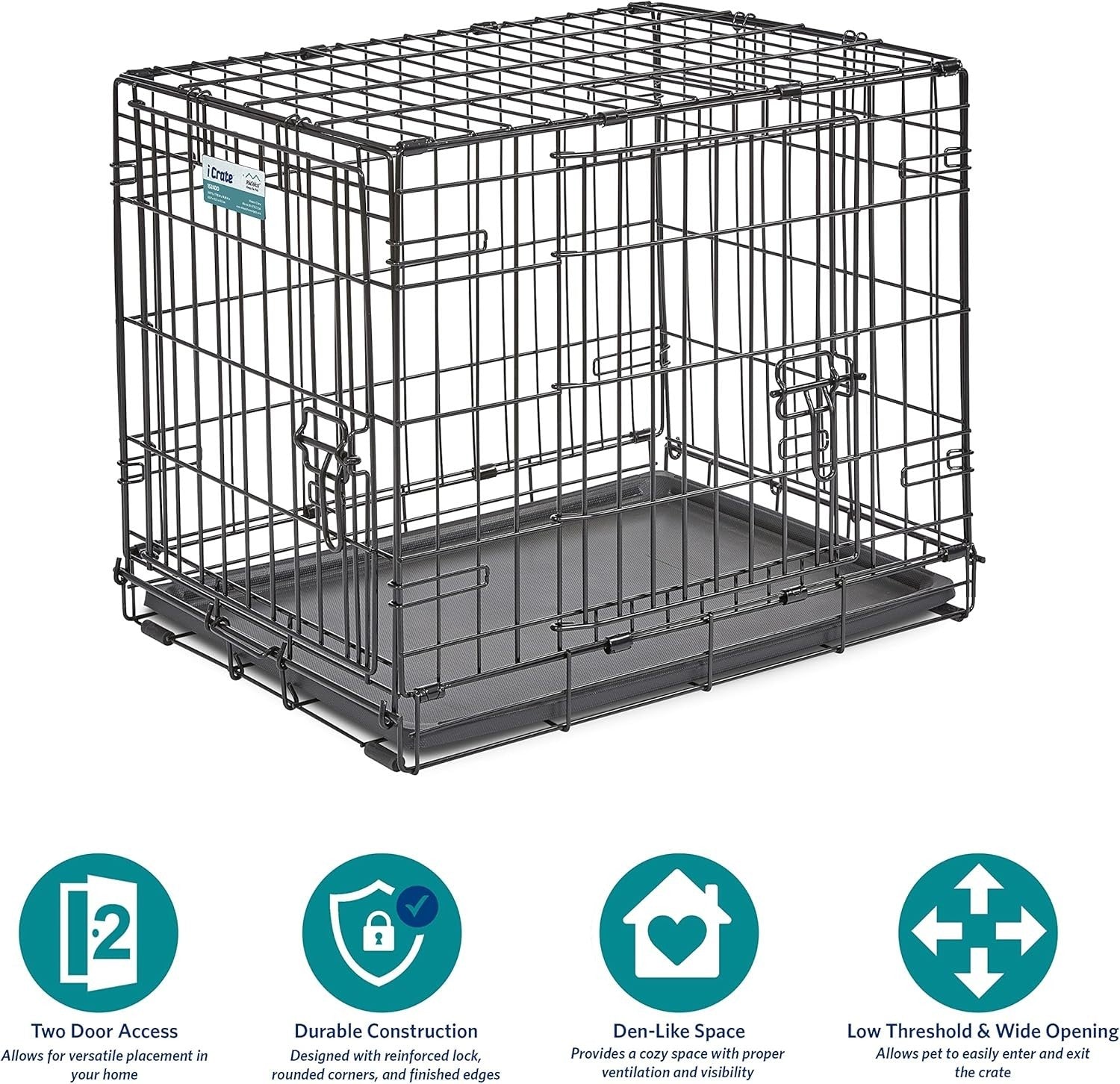 Double Door Small Dog Crate 24" Foldable Metal Cage with Divider, Leak-Proof Pan