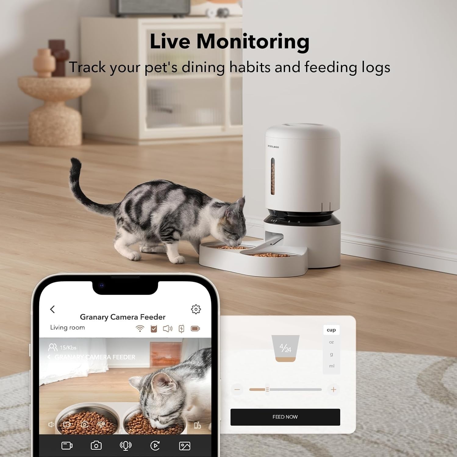 Automatic Pet Feeder Camera WiFi Dual Bowl 1080P HD App Control 5L
