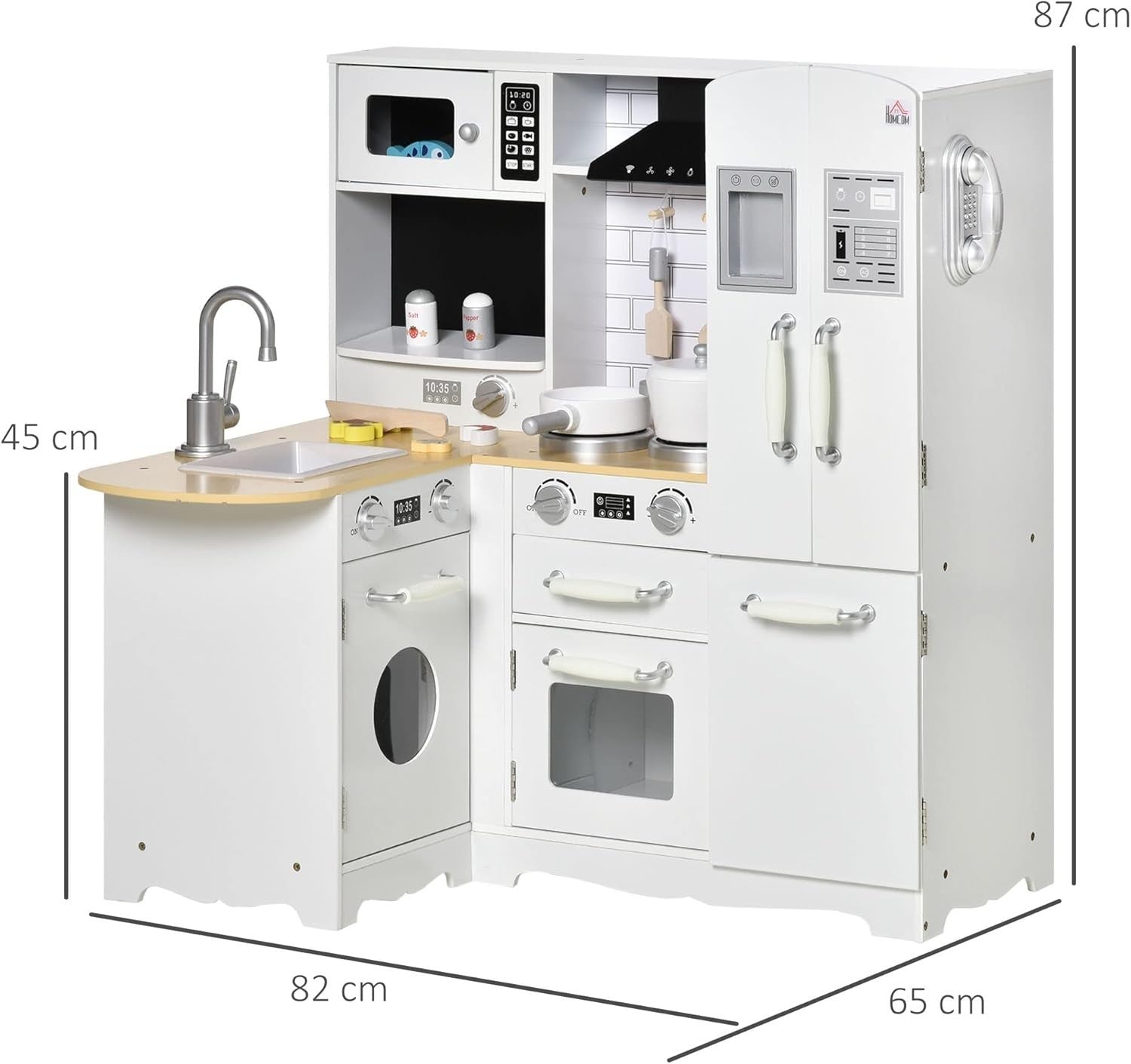Wooden Kids Play Kitchen White Toy Set Fridge Oven Microwave Sounds