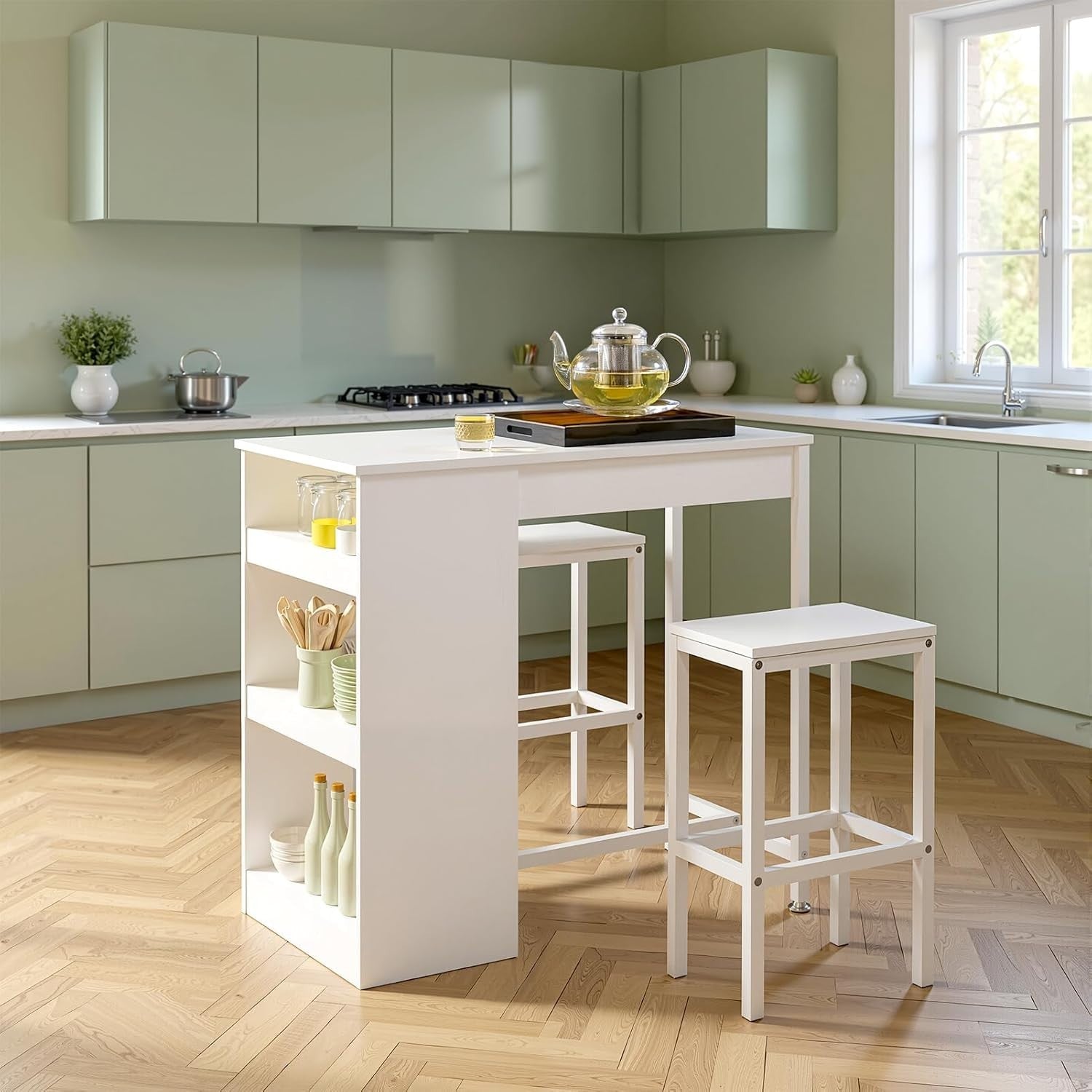 Compact Bar Table & 2 Stools Set with 3-Tier Storage White 91x49.5cm