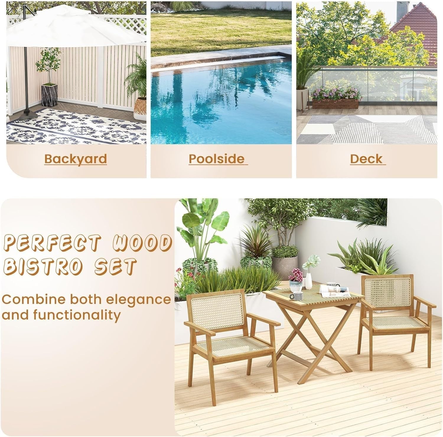 3 Piece Teak Wood Bistro Set Folding Table Rattan Chairs Patio Balcony