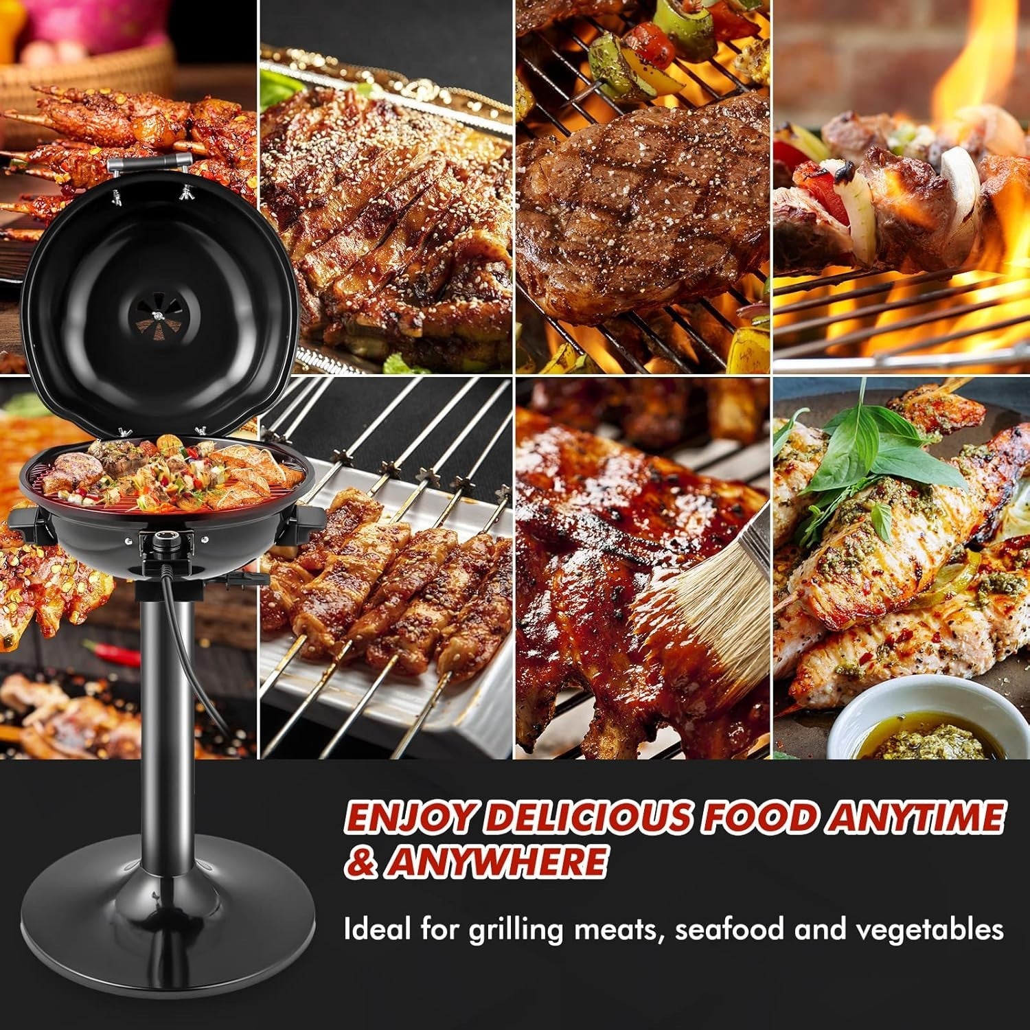 1600W Electric BBQ Grill with Stand | Non-Stick Rack, Adjustable Temp