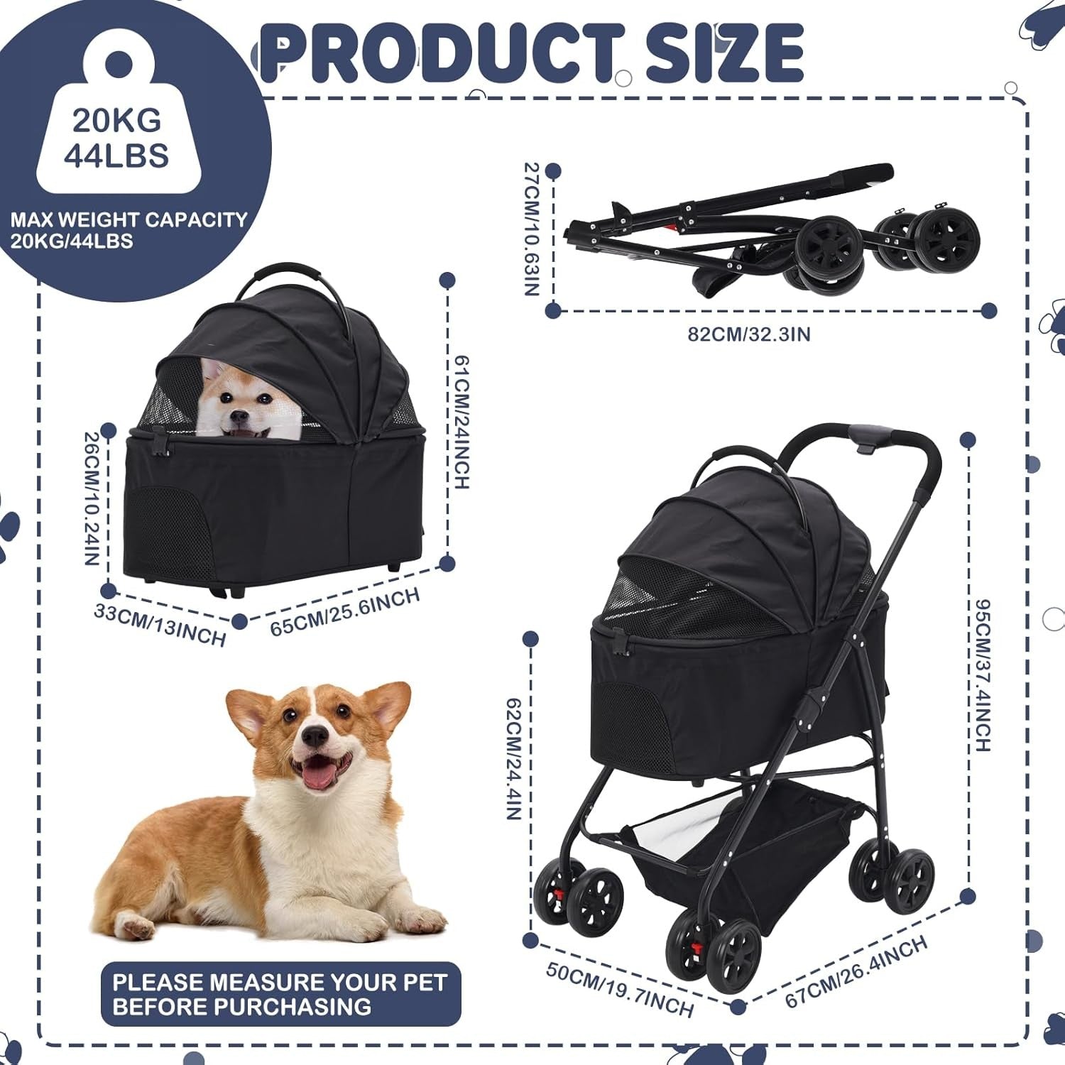 Pet Travel Stroller 3 in 1 Dog Cat Pushchair Folding Carrier Pram Black