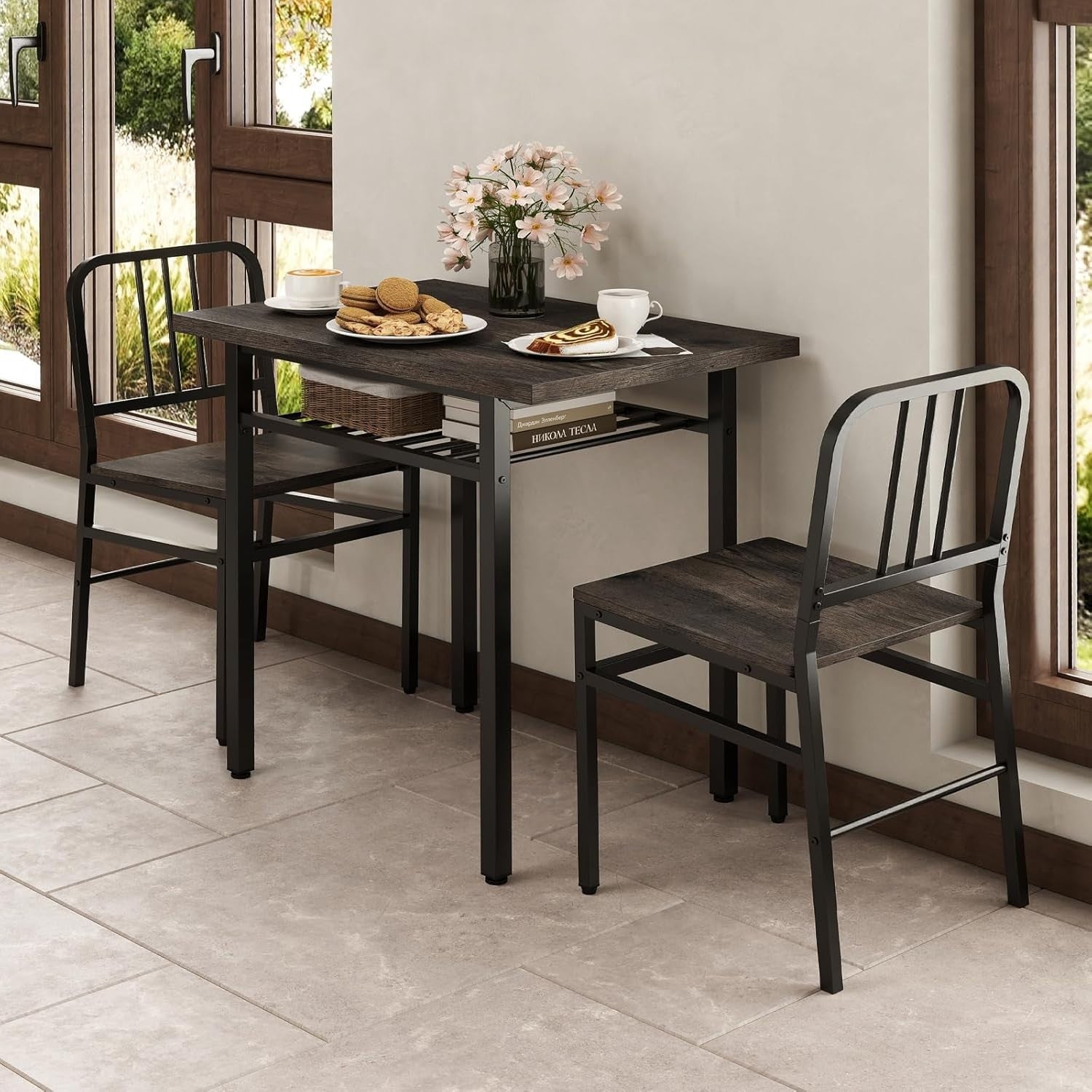 Rectangular 3-Piece Kitchen Dining Set with Storage Rack & Adjustable Feet
