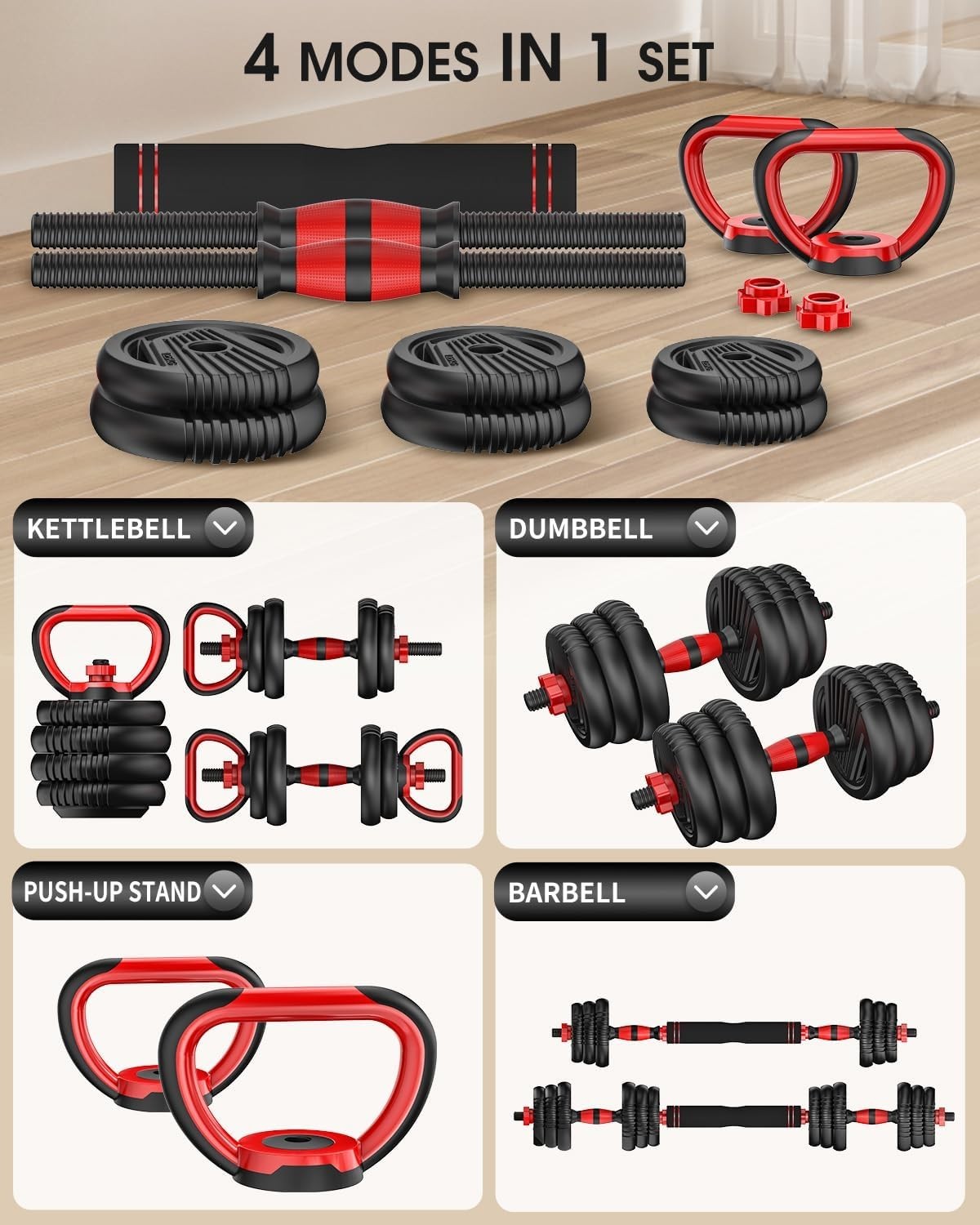 55LB Adjustable Dumbbells Set 4 in 1 Home Gym Barbell Kettlebell