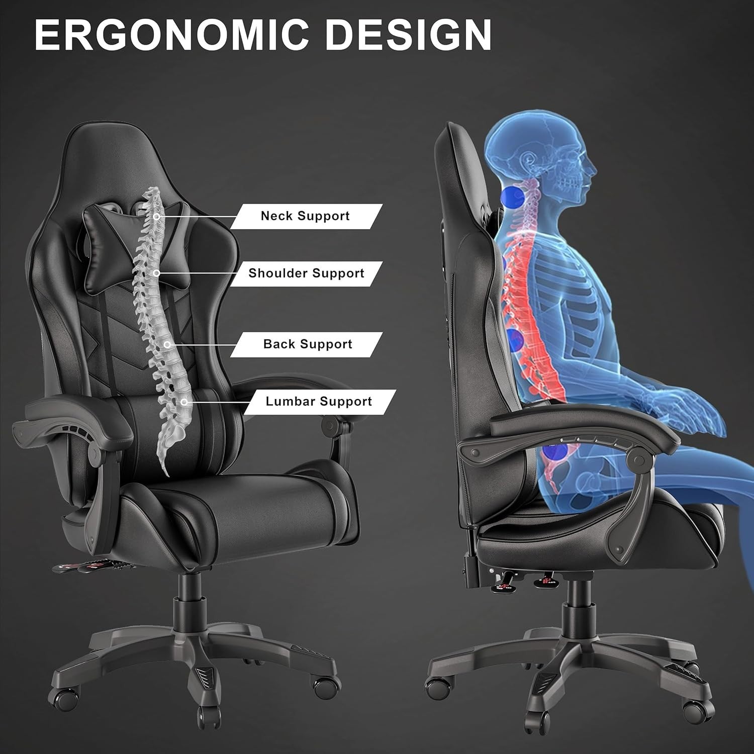 Ergonomic Gaming Office Chair Recline 90-135° PU Leather Adjustable Height 150kg