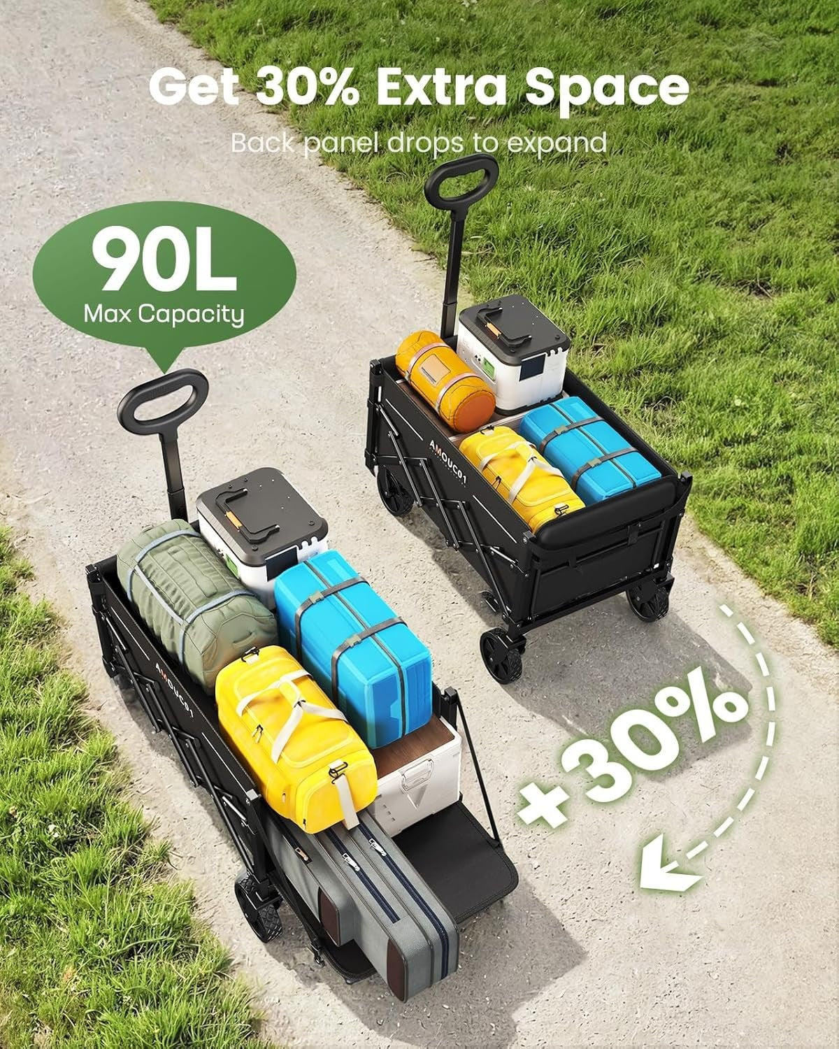Black 90L Folding Festival Trolley Expandable Camping Wagon 360lbs Heavy Duty