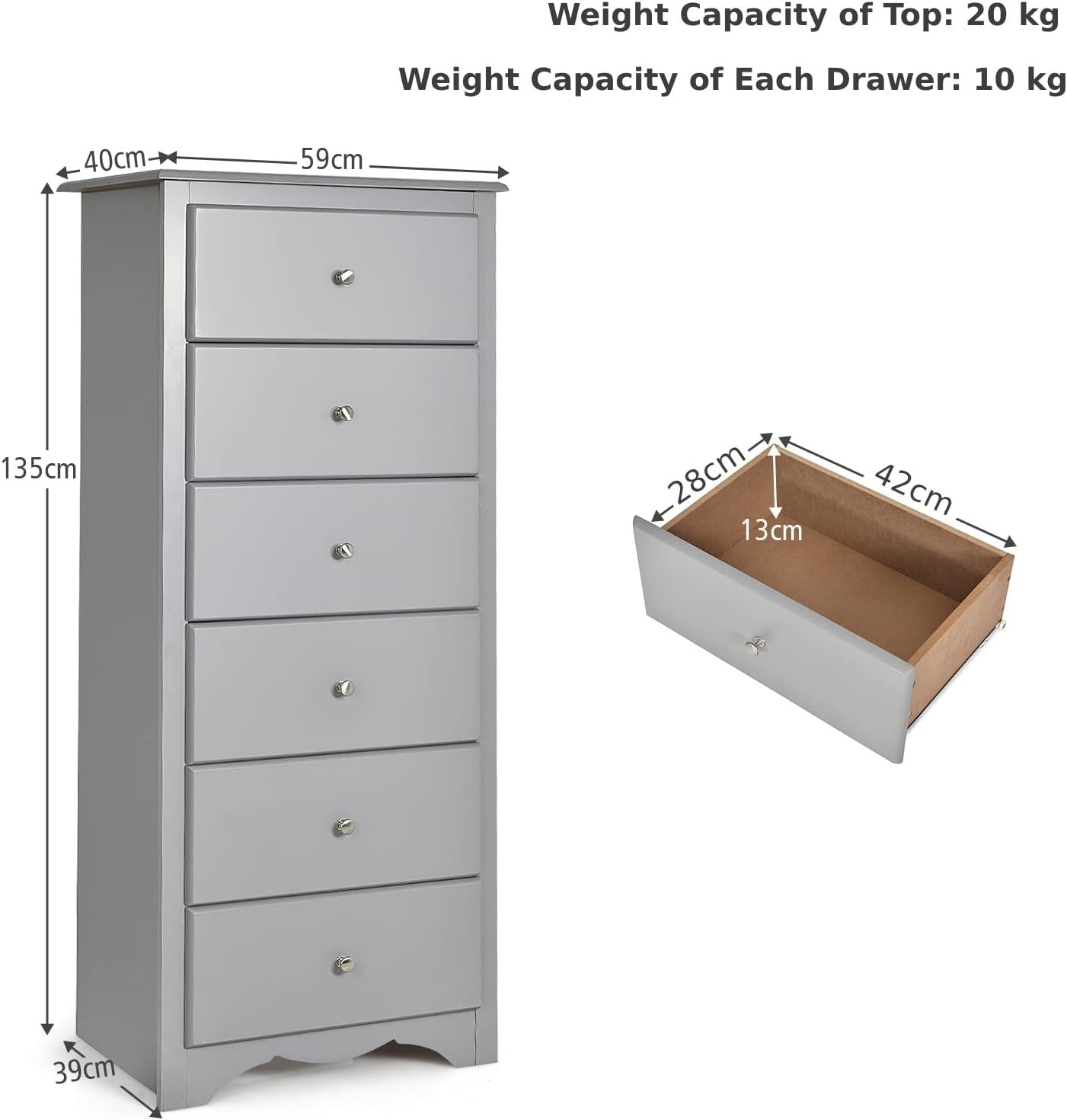 6-Drawer Tall Narrow Dresser Cabinet for Bedroom Storage Organizer Grey