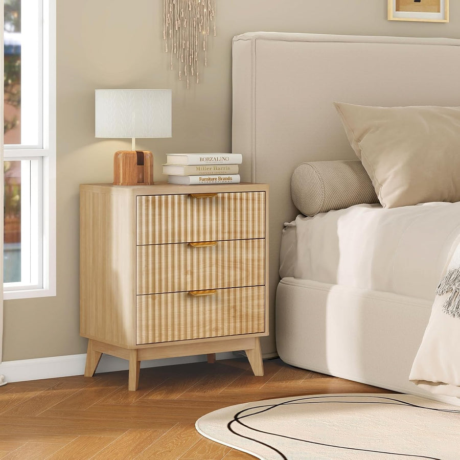 Wood Bedside Table with 3 Drawers Natural Nightstand for Bedroom & Living Room
