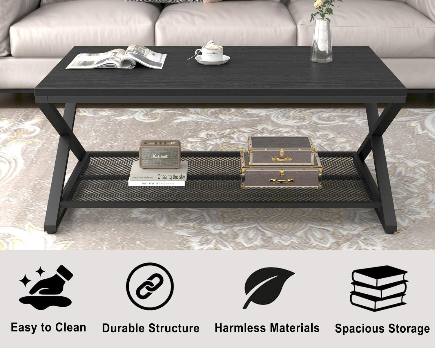 Modern Black Coffee Table with Shelf, 2-Tier Metal Frame, 100x60cm