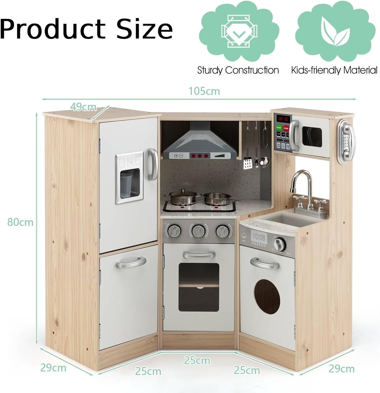 Kids Wooden Play Kitchen Light Sound Ice Dispenser Telephone Natural
