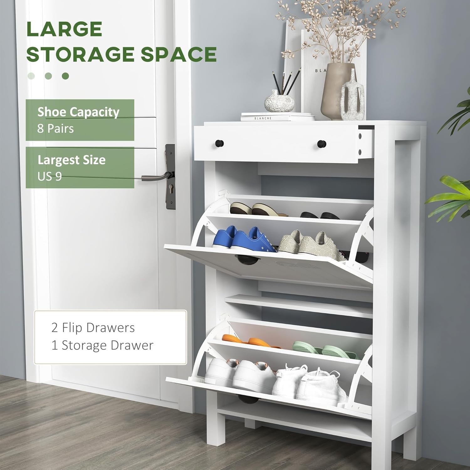 Slim White Shoe Cabinet with 2 Flip Drawers & Top Storage Drawer 60x24x97cm