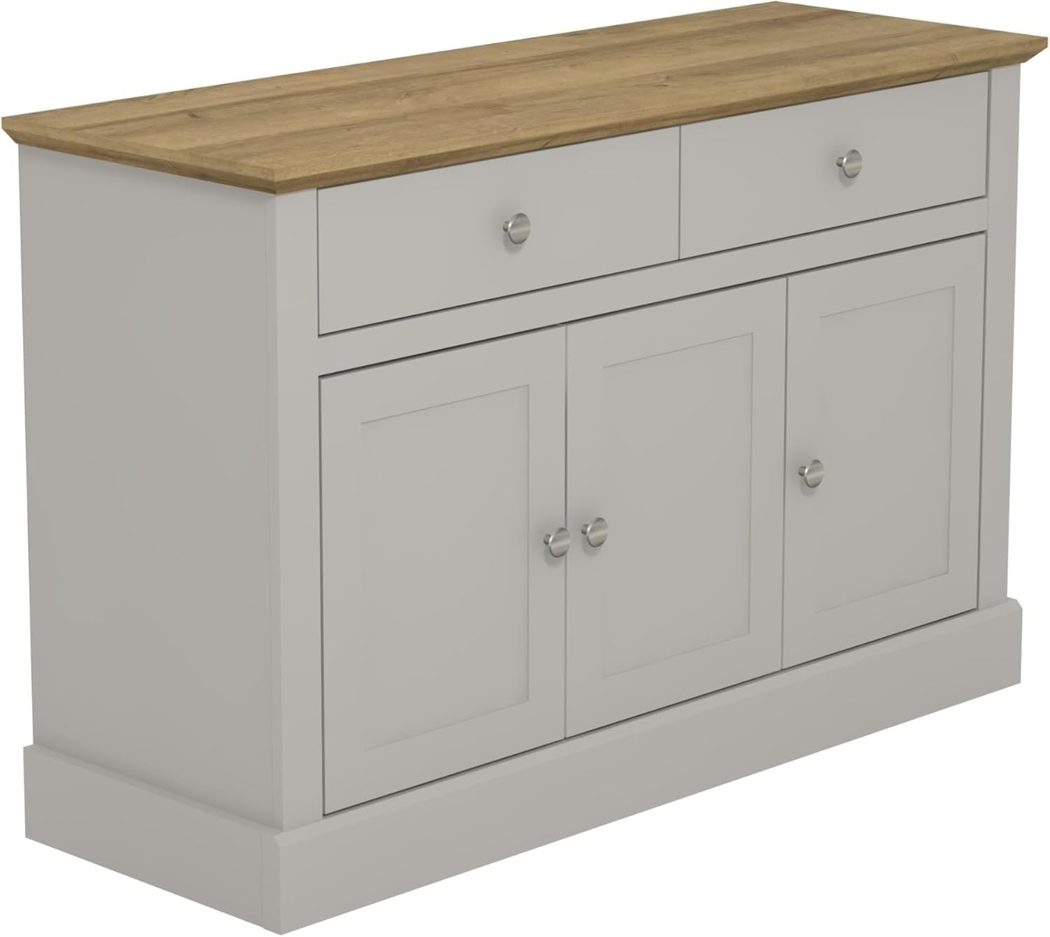 Grey Sideboard Cabinet with Drawers & Doors, Oak Top, Storage Unit