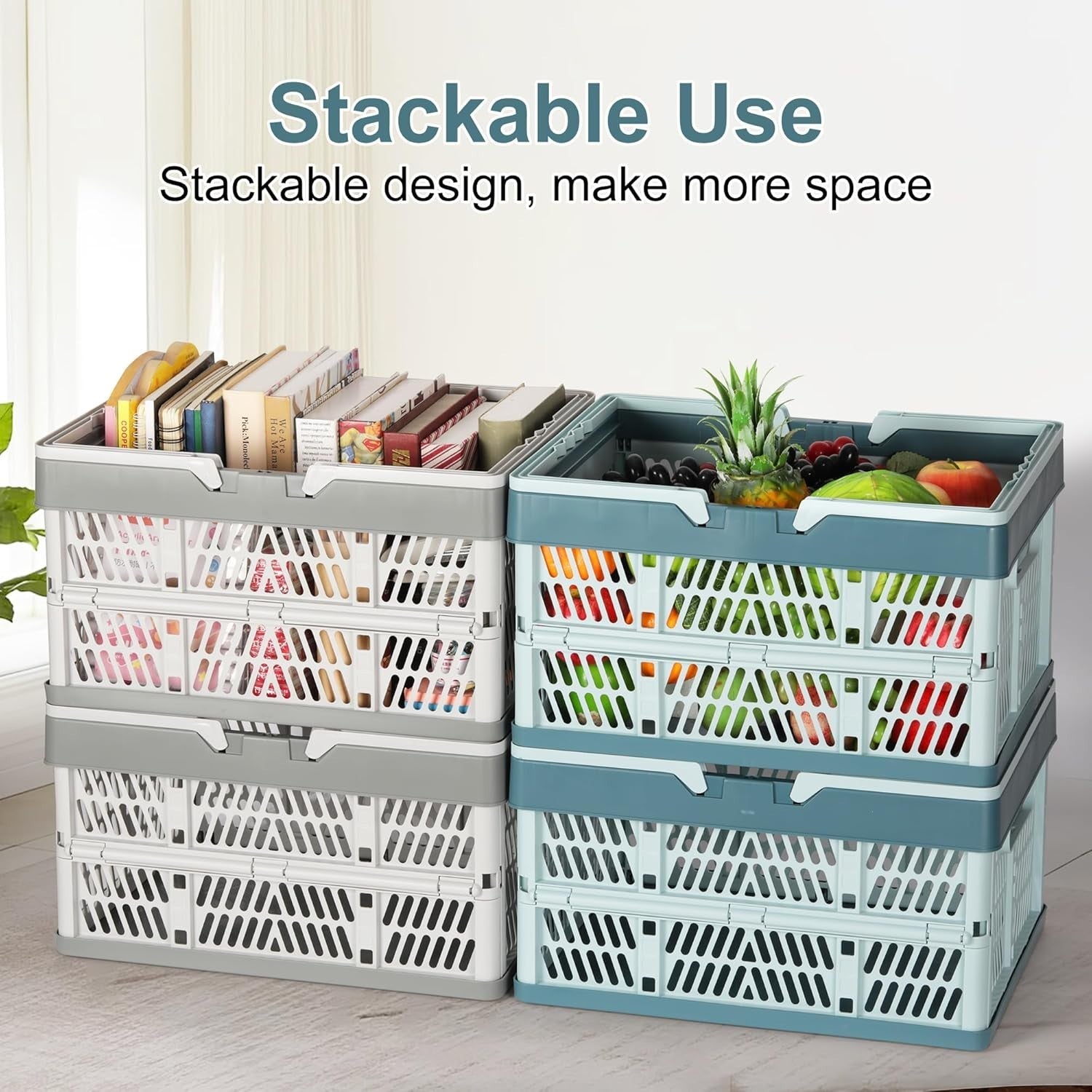 2 Pack 30L Folding Plastic Storage Crates Stackable Collapsible Grey