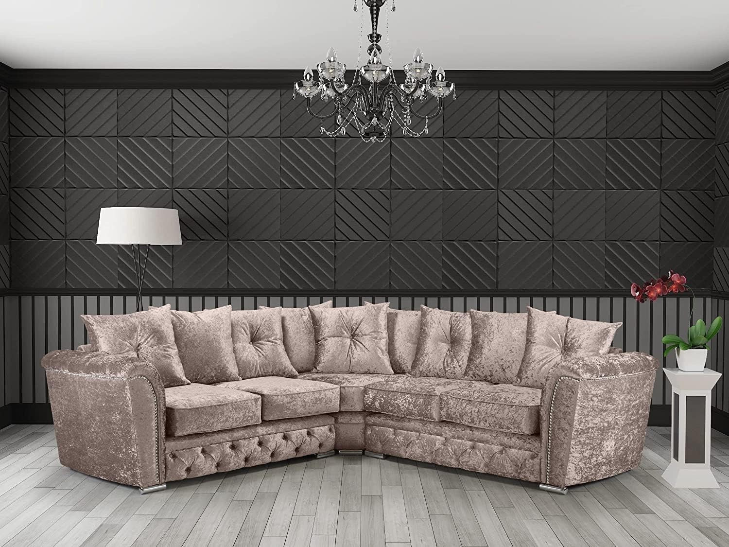 Mink Crushed Velvet 5-Seater L-Shape Corner Sofa Deep Cushions Rose Gold