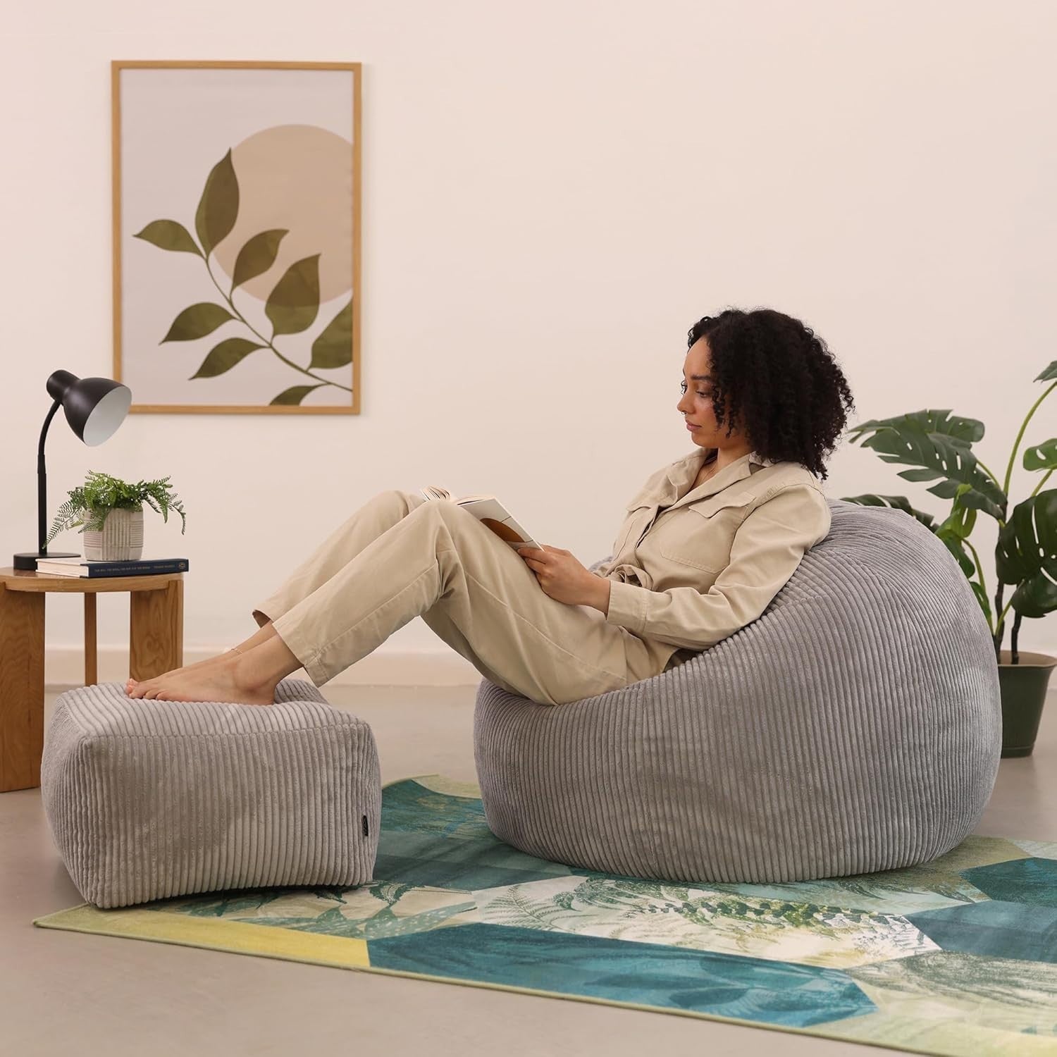 Large Corduroy Bean Bag Chair with Footstool, Adult Lounge Seat