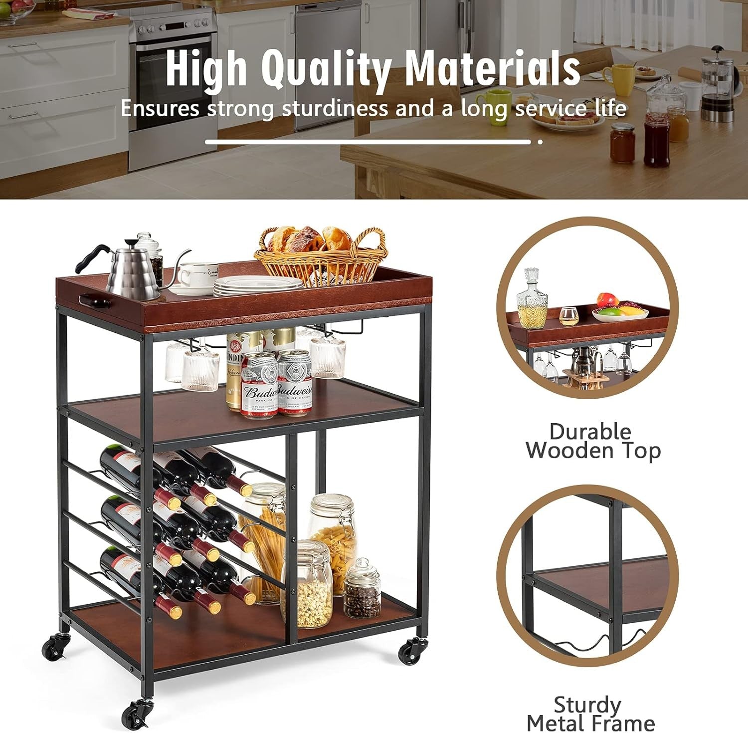 Kitchen Serving Trolley on Wheels Bar Cart Wine Rack Glass Holders 3 Tier