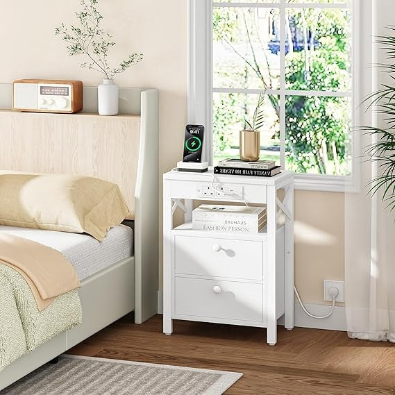 Modern White Bedside Table with Charging Ports, 2 Drawers & Open Shelf Storage