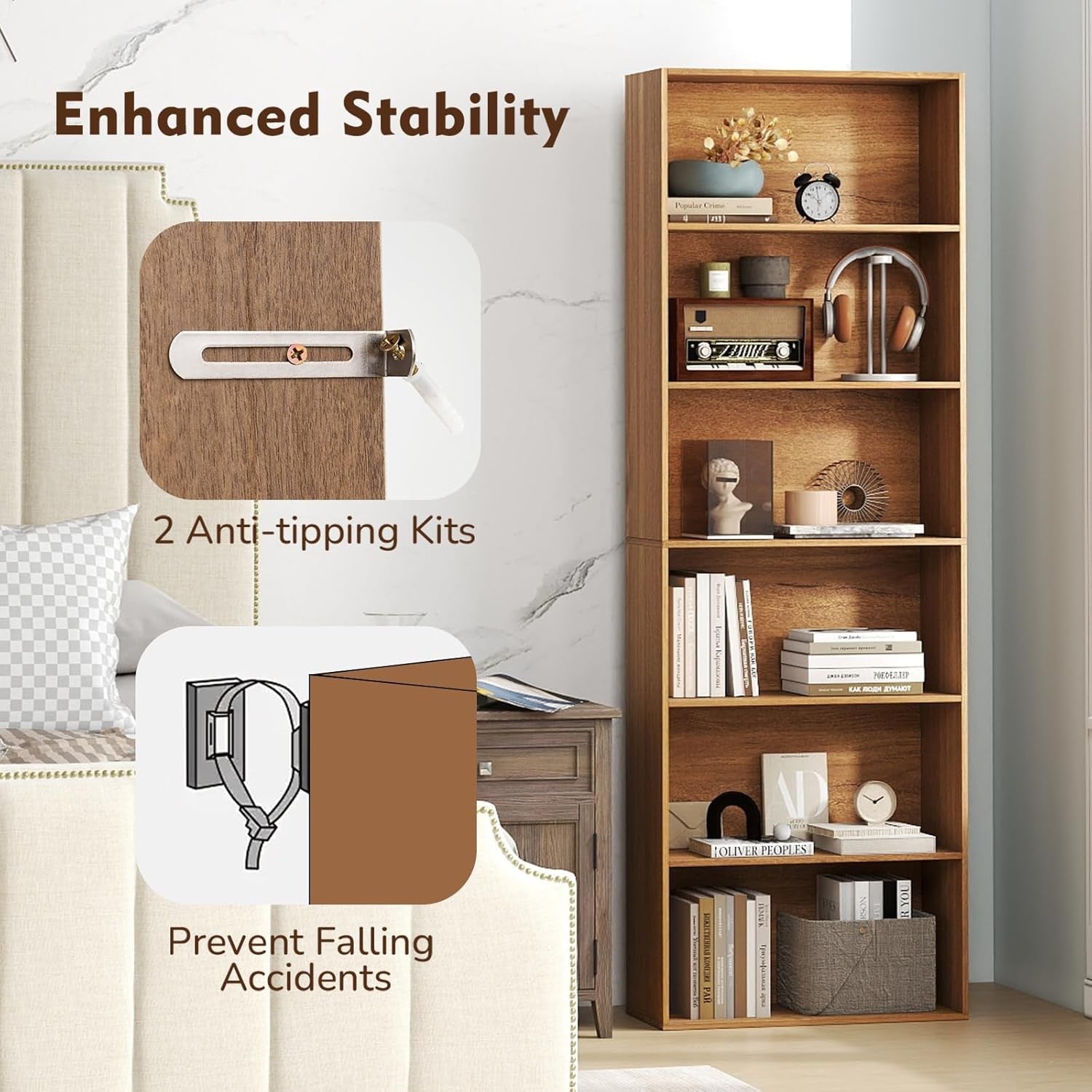 Tall 6-Tier Wooden Bookcase Storage Unit with Doors, Anti-Tip, Narrow Slim Shelf