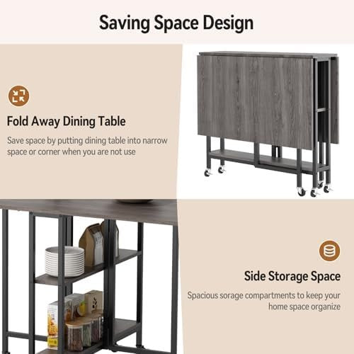 Space-Saving Folding Dining Table with Wheels & Storage Shelves