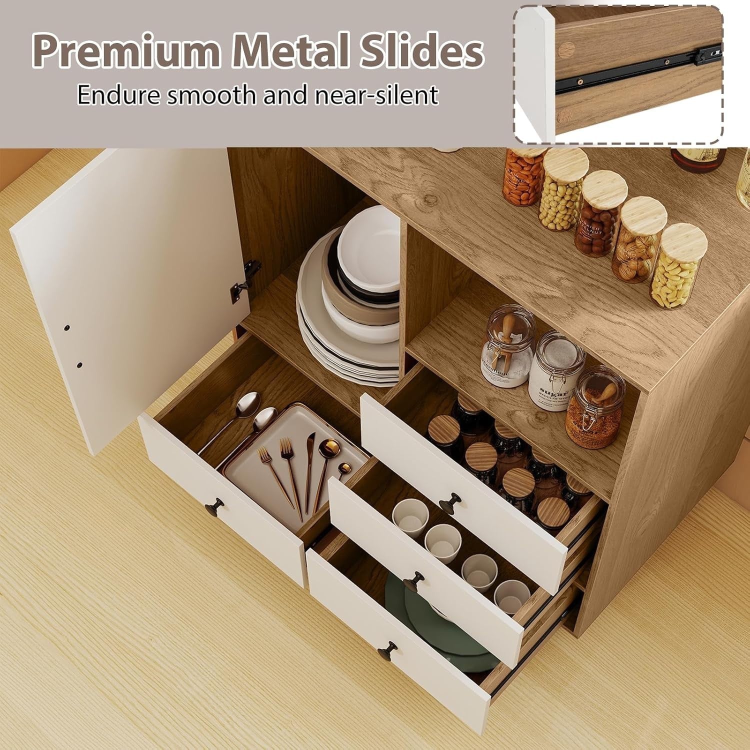 Modern 4 Drawer Sideboard Cabinet White & Natural with Open Shelf & Anti-Tip