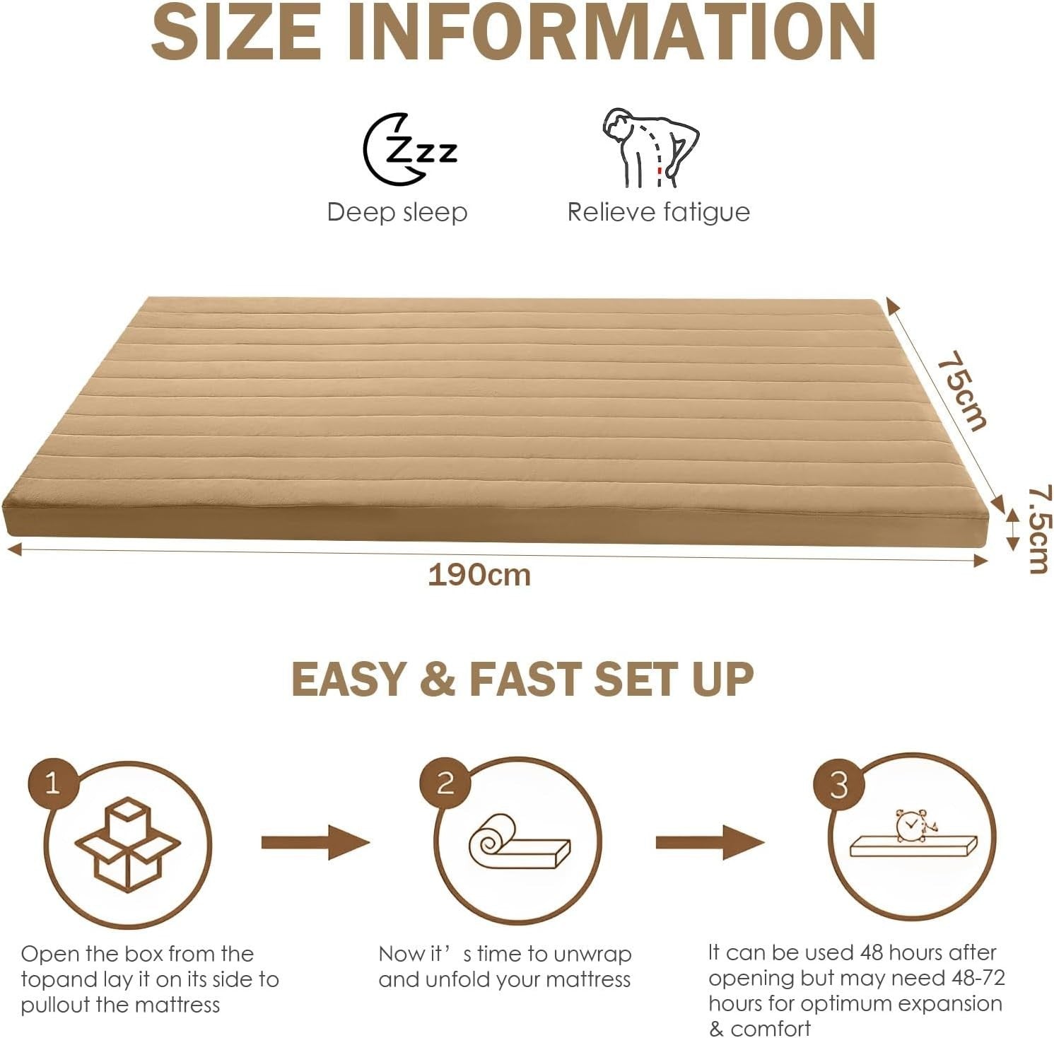 Foldable Floor Mattress Single Bed Foam Futon Roll-Up Travel Mat Brown