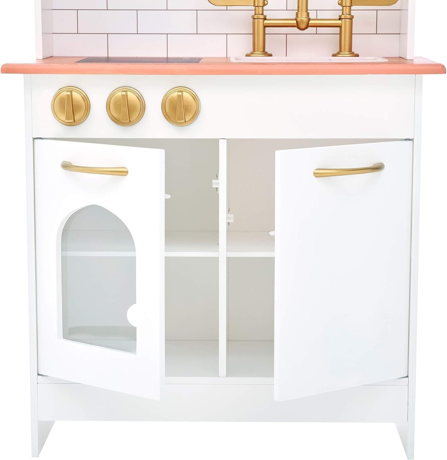 Wooden Kids Play Kitchen Farmhouse Sink Oven Microwave White Gold