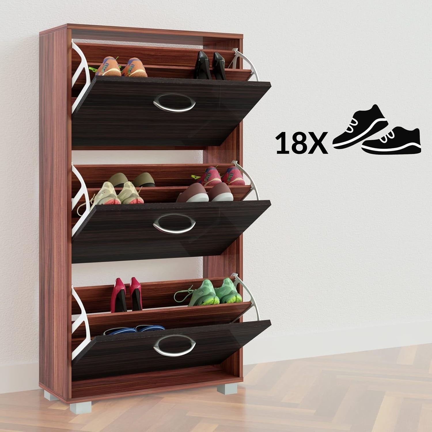 3 Door Shoe Storage Cabinet Wenge Black | Slim Modern Hallway Cupboard 115x60x24