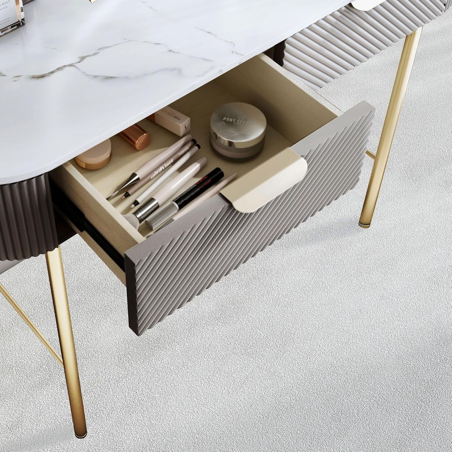 Modern Console Dressing Table Gold Legs 2 Drawer Mocha Marble Effect Finish