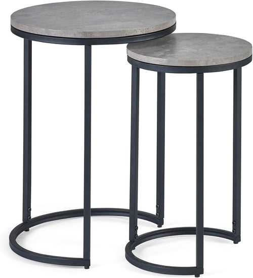 Round Nesting Side Tables Industrial Modern Concrete Black Metal Legs 2-Pack