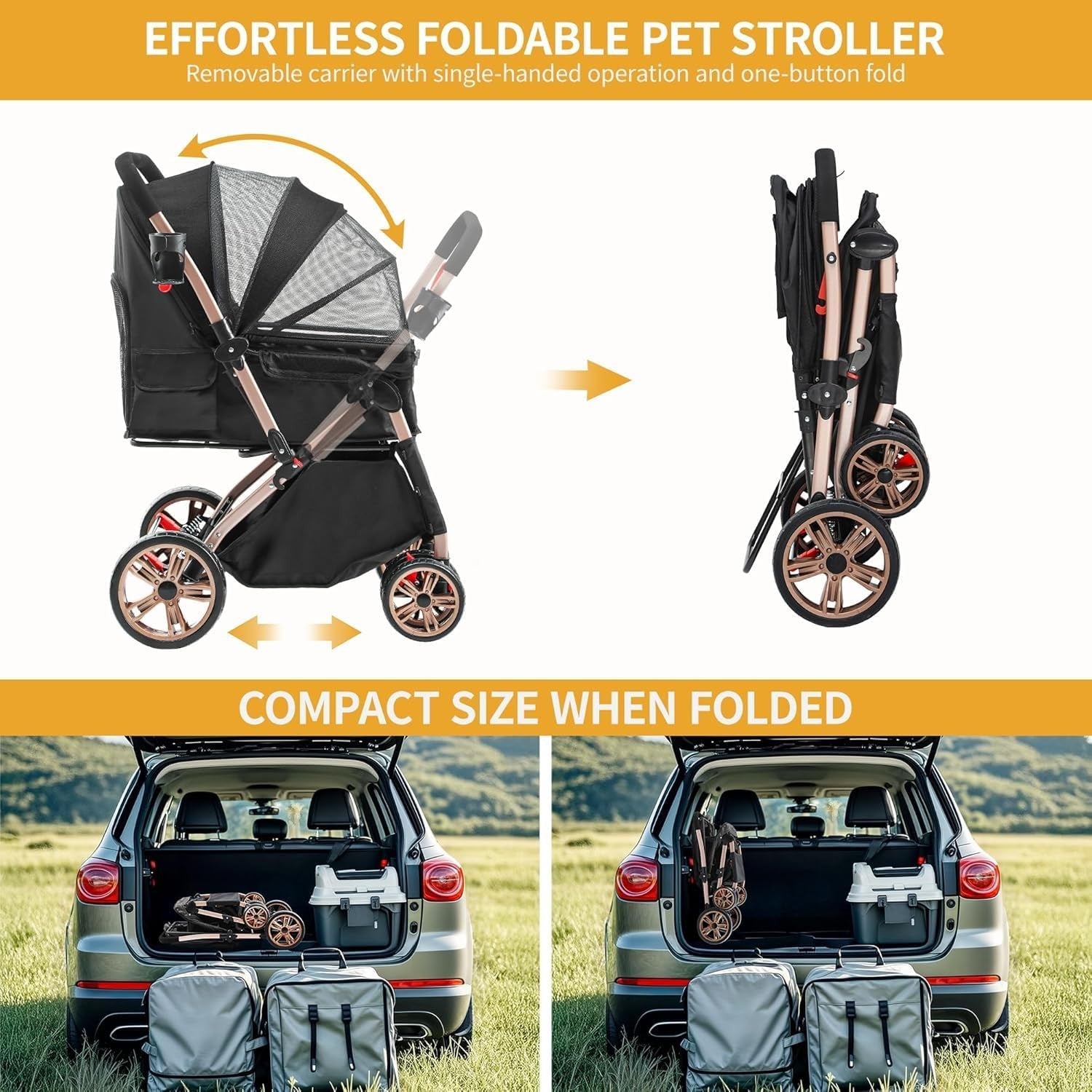 Dog Stroller 22kg Folding Pet Pram Large Wheels Travel Pushchair