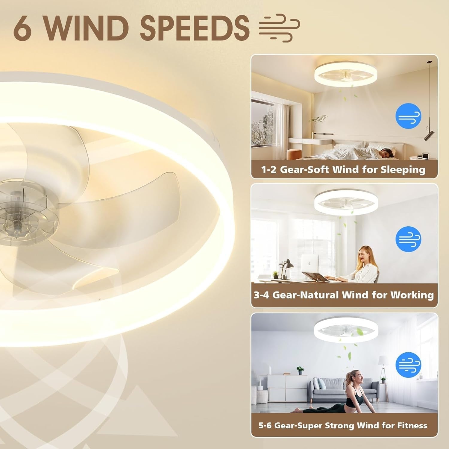 50CM LED Ceiling Light with Fan, Remote Control, 6 Speeds, Dimmable