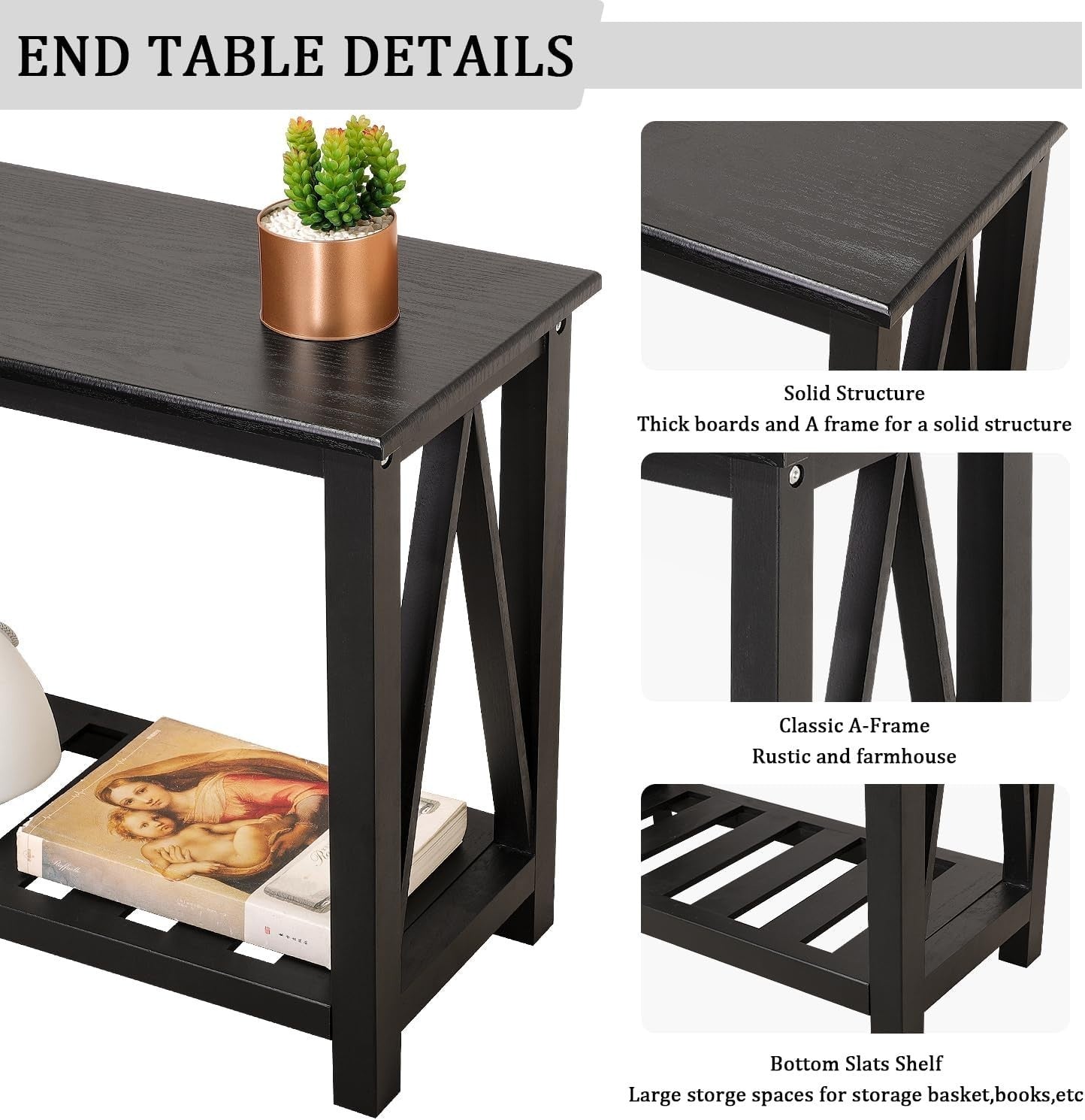 Narrow Black Wood Side Table with Storage Shelf, Modern Nightstand