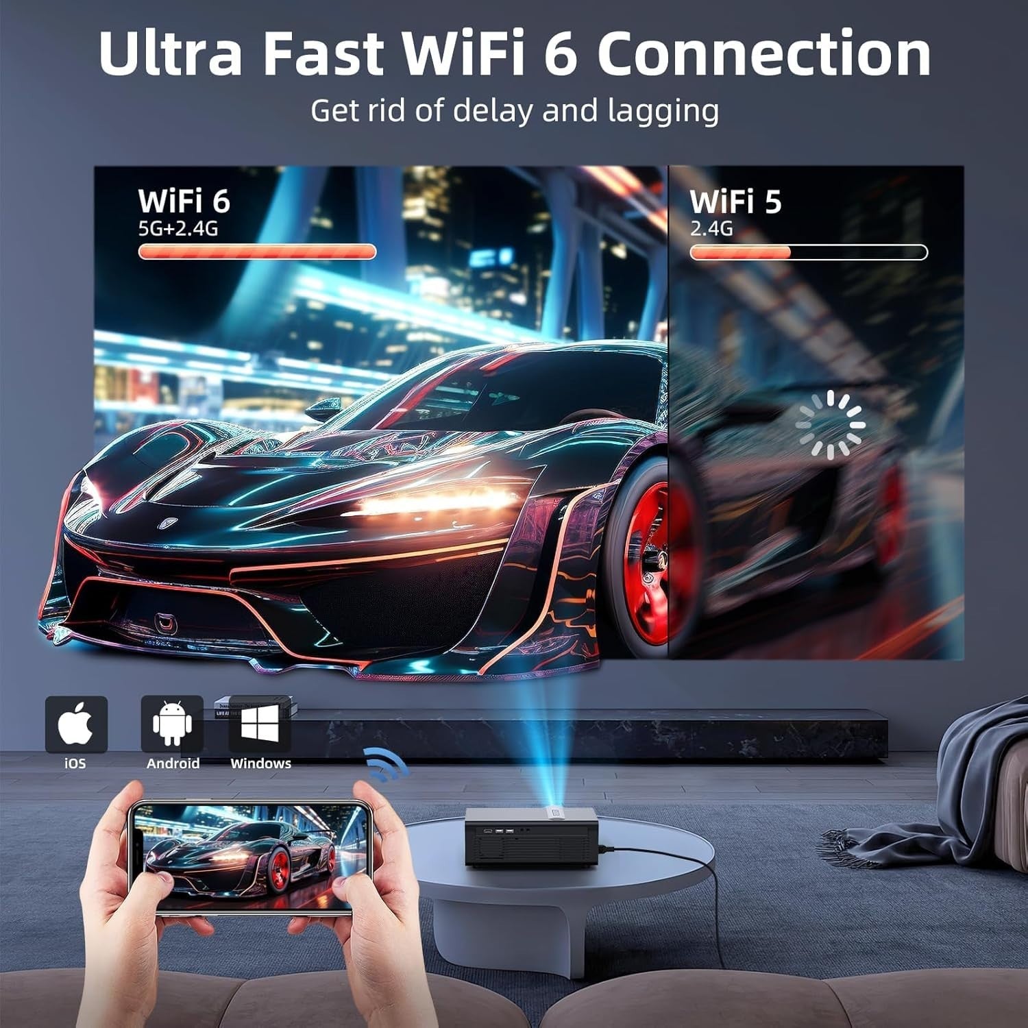 1080P WiFi Bluetooth Projector 4K Support Electric Focus 300"