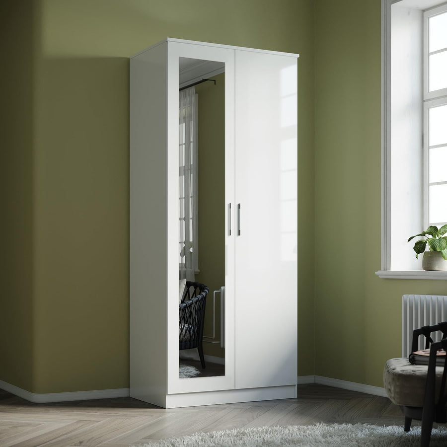 White Gloss 2 Door Wardrobe with Mirror Soft Close Shelves Modern