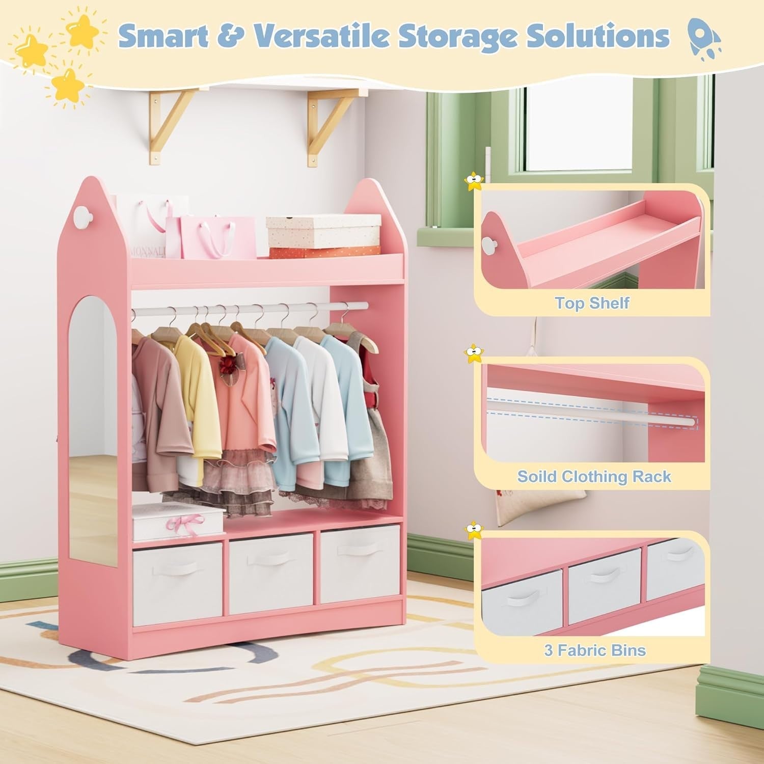 Kids Wardrobe with Mirror, 3 Drawers & Hanging Rail, Pink Rocket Design
