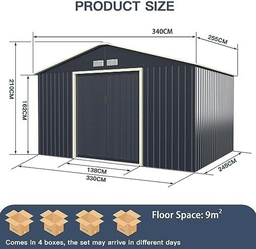 Metal Garden Storage Shed 11x8ft Waterproof Outdoor Tool Shed,Sliding Doors Grey