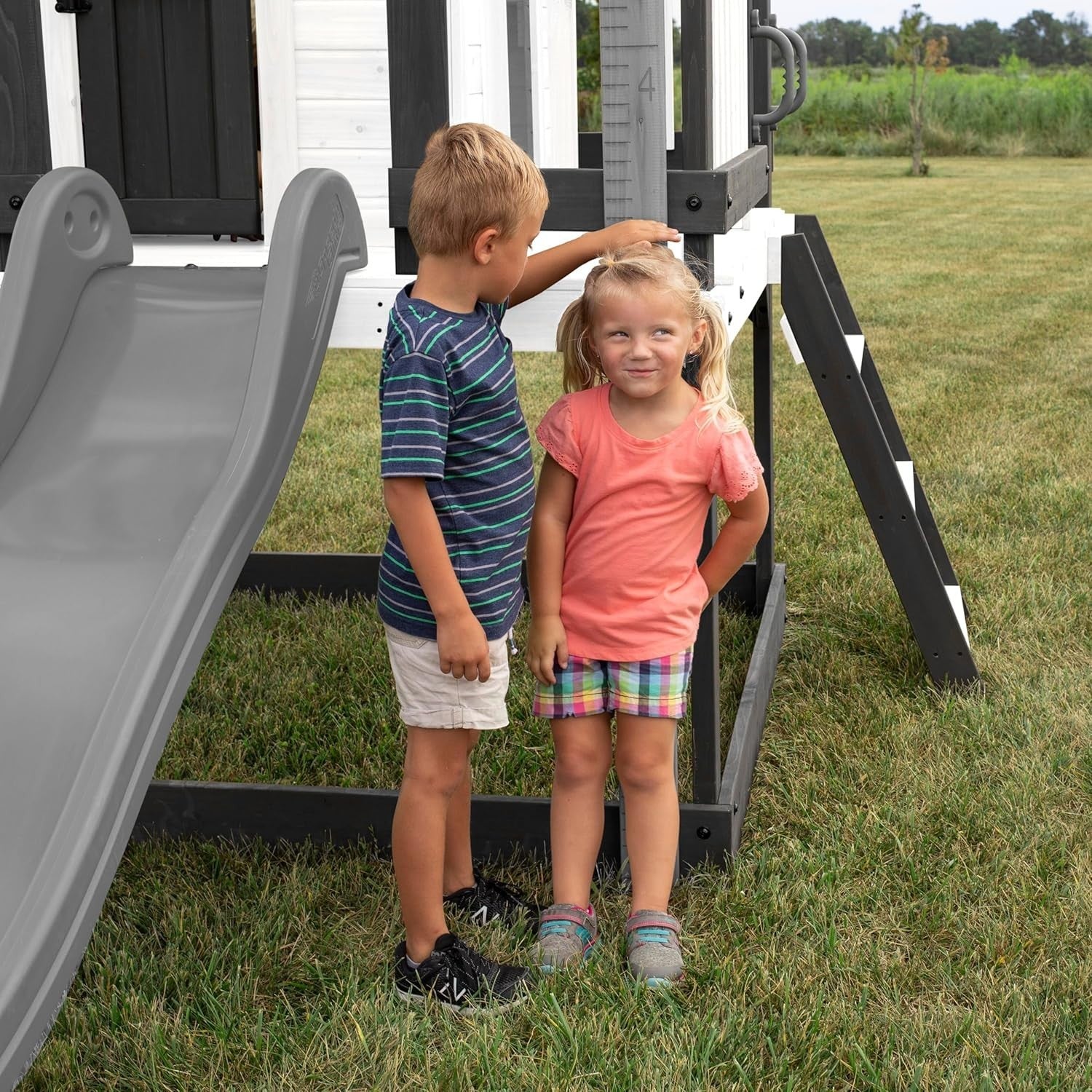 Elevated Cedar Kids Playhouse with Slide Outdoor Garden Toy Kitchen