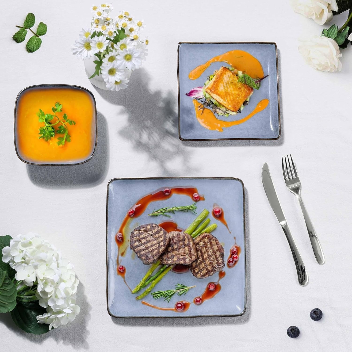 12pc Square Stoneware Dinner Set Plates Bowls Microwave Dishwasher Safe Blue