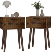 Rustic Brown Fluted Bedside Tables Set of 2, Small End Tables with Drawer & Wood