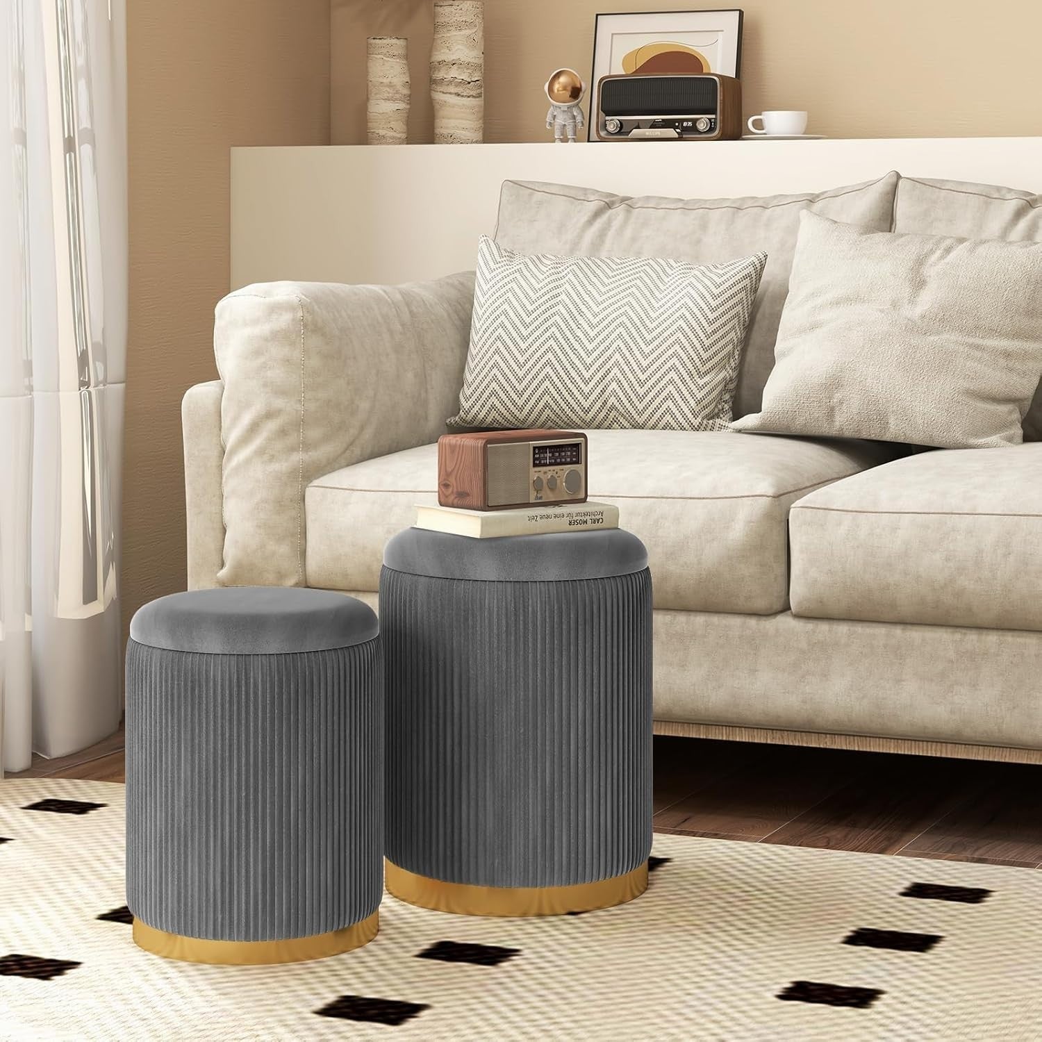 Grey Velvet Nesting Footstools Set of 2 Storage Ottomans Round Gold Base