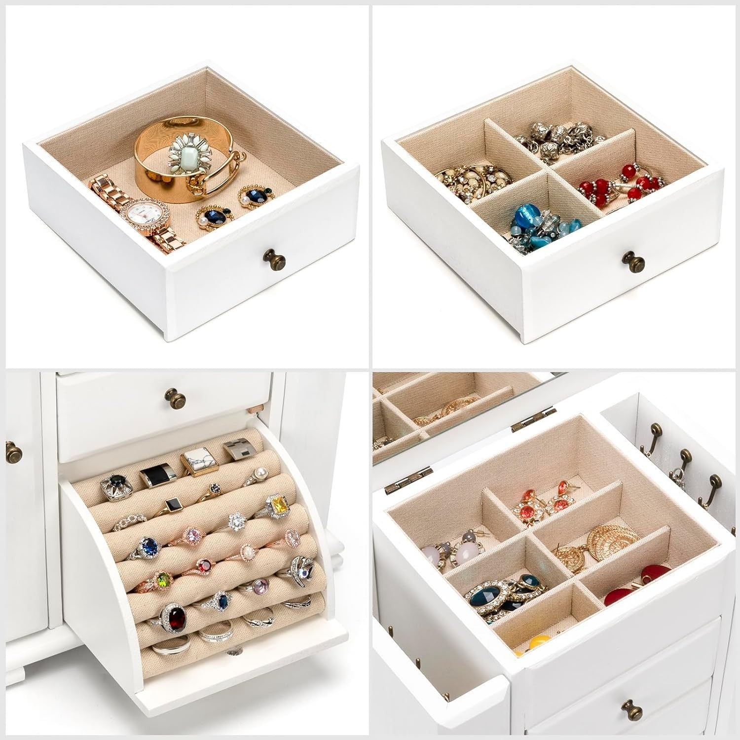White Wooden Jewellery Box Large Organizer with Mirror 4 Layer Vintage