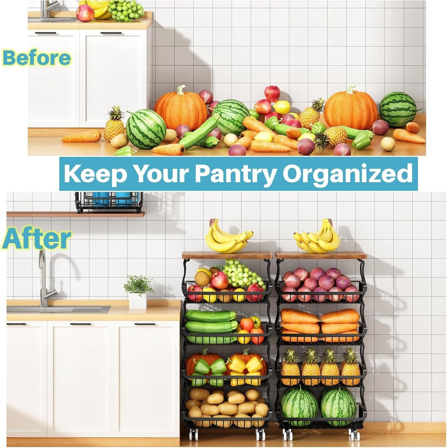 5 Tier Rolling Fruit Vegetable Storage Basket Cart Metal Pantry Organizer