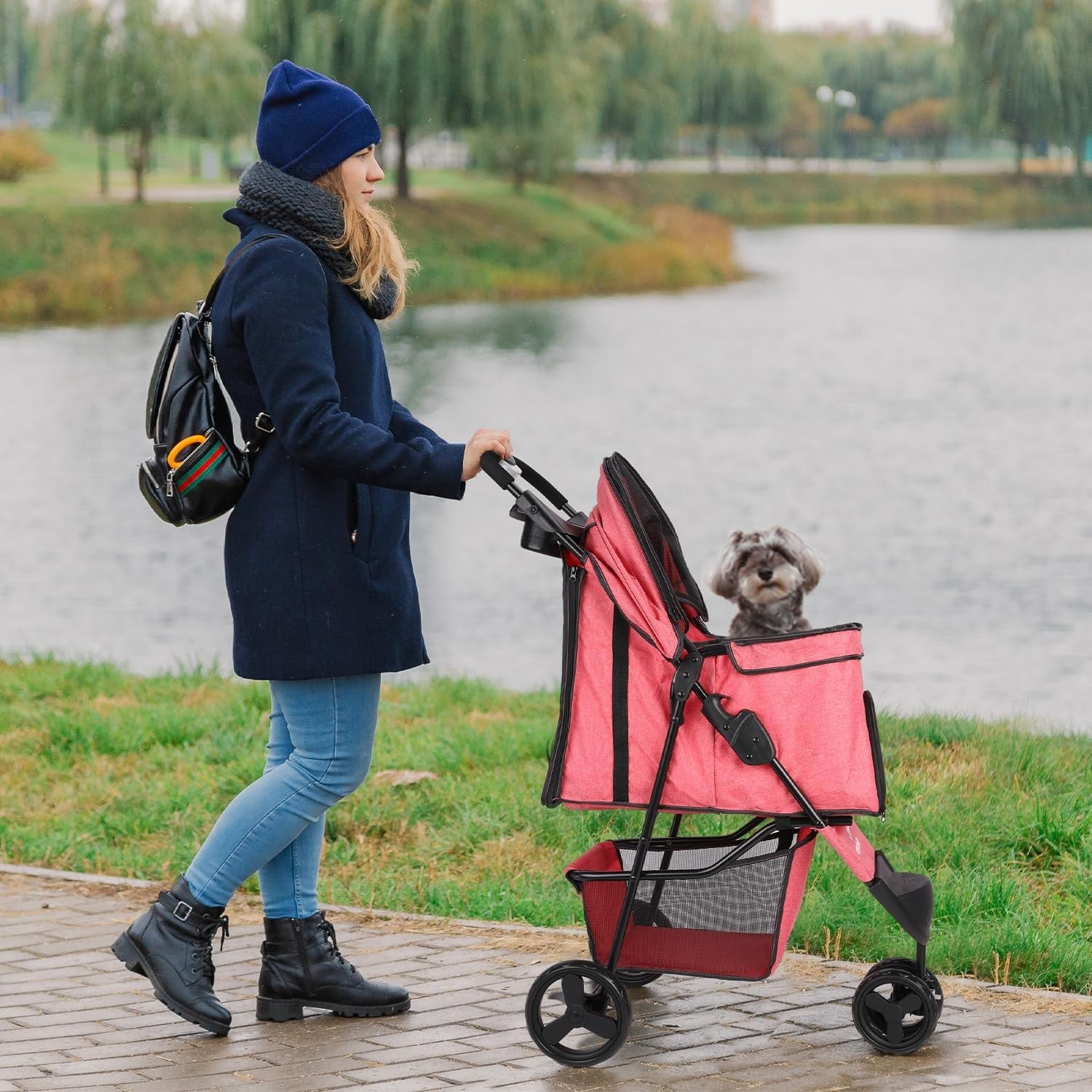 Rose Red Folding Dog Pram Pet Stroller Pushchair for Small Medium Dogs