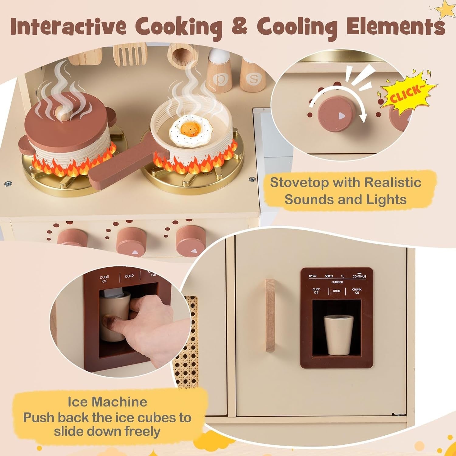 Kids Wooden Play Kitchen w/ Lights Sounds Ice Maker Yellow