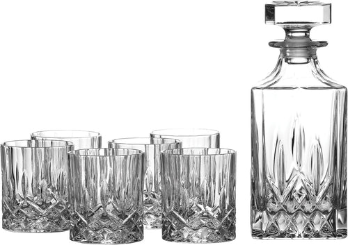 Crystal Decanter Set with 6 Whiskey Tumblers | 7-Piece Luxury Bar Gift Set