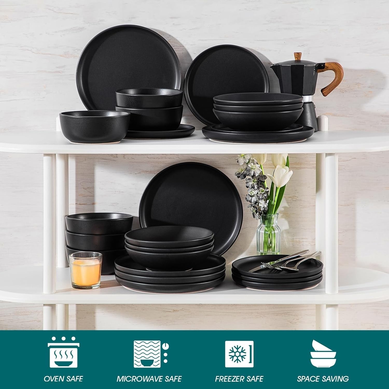 48pc Black Dinner Set Plates Bowls Matte Stoneware Crockery Service for 12