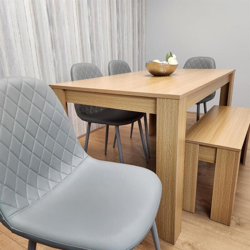 6 Seater Oak Dining Table Set with Bench & 4 Grey Chairs for Kitchen