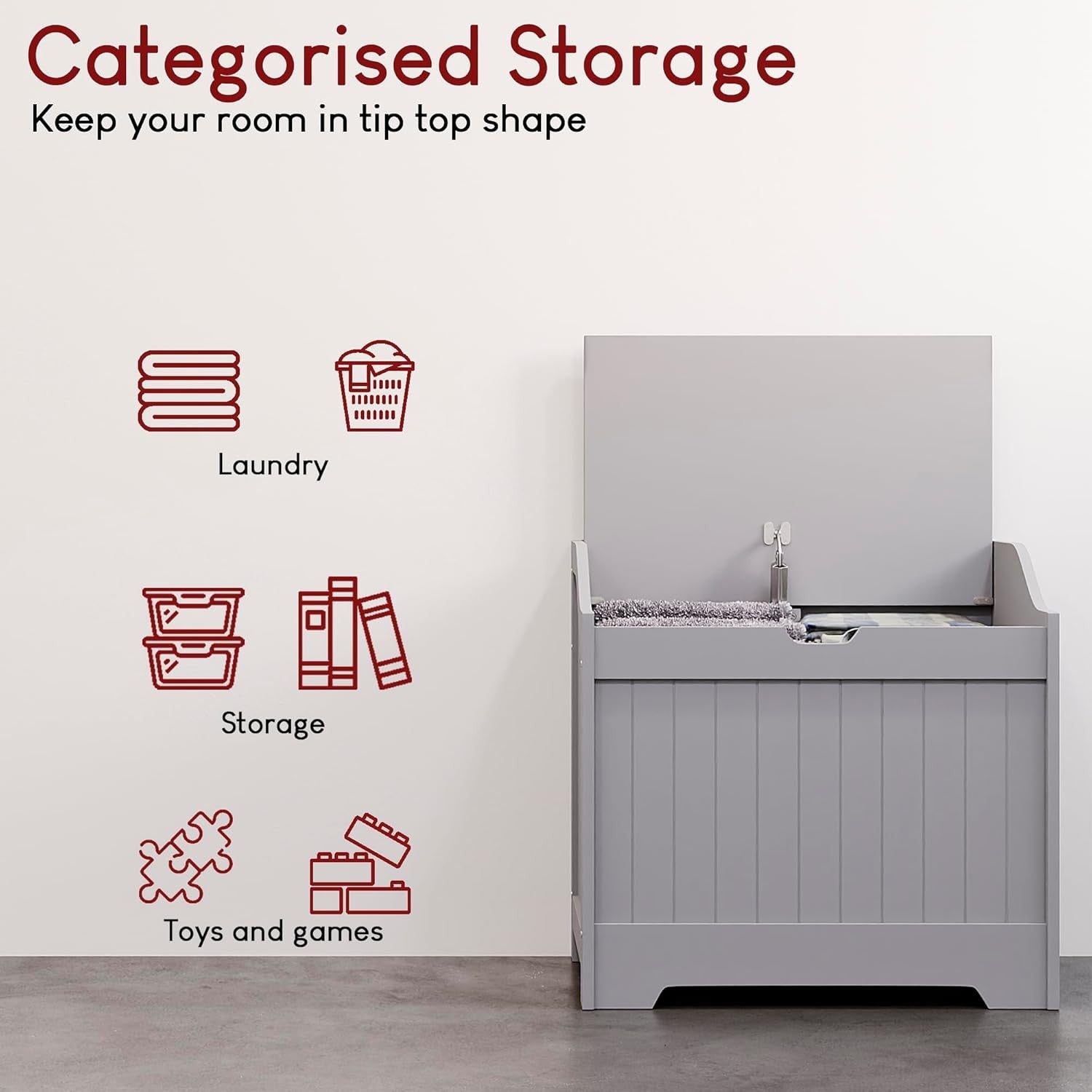 Bathroom Laundry Cabinet Storage Chest with Wooden Basket Grey MDF